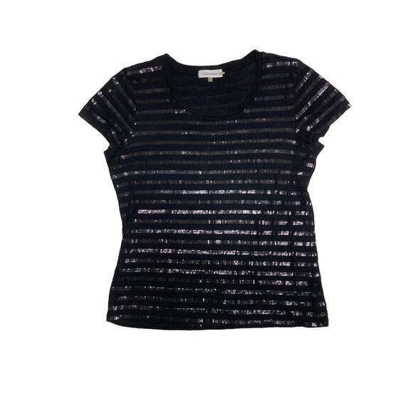 Calvin Klein Sparkly Sequin Striped Dressy Black T-Shirt Top Medium - Picture 1 of 5